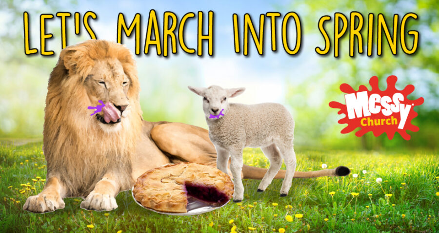 Messy Church: Let's March into Spring with lion, lamp, and pie on the grass.